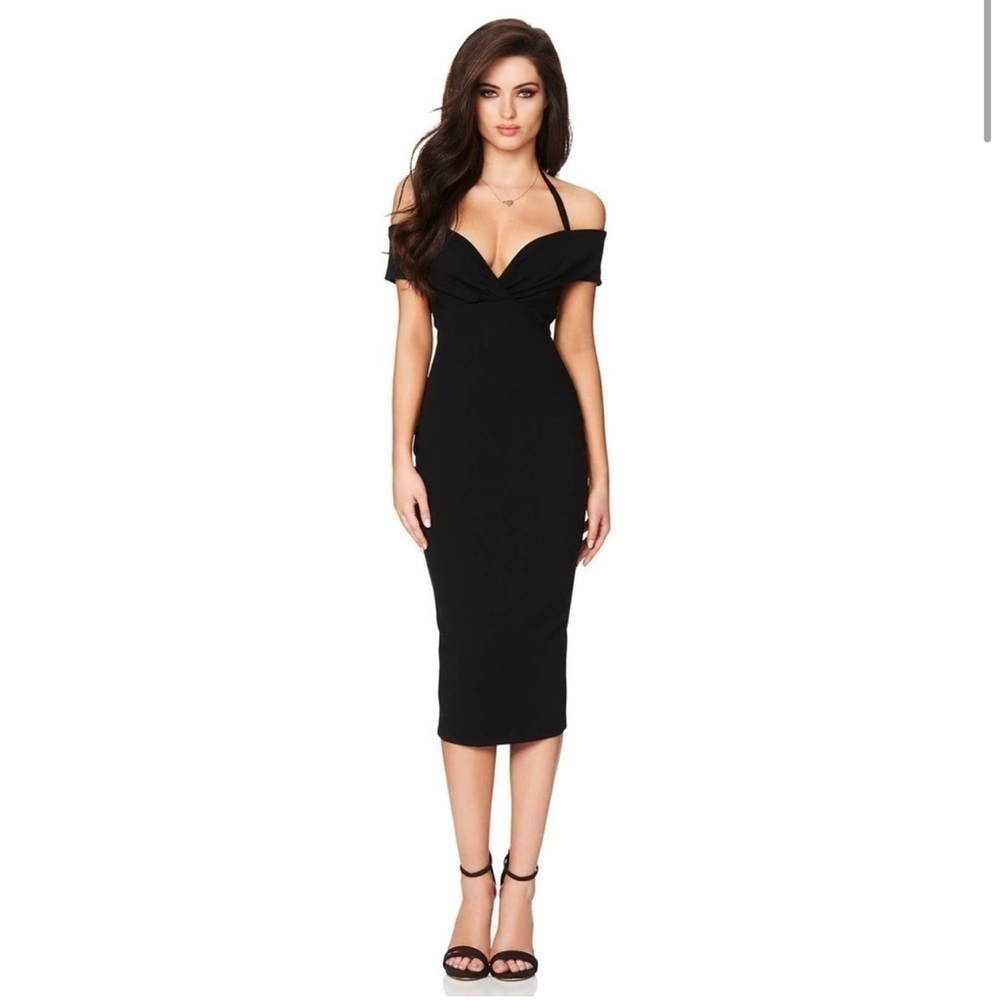 Nookie Athena Off The Shoulder Halter Midi Dress in Black Size XS NWT